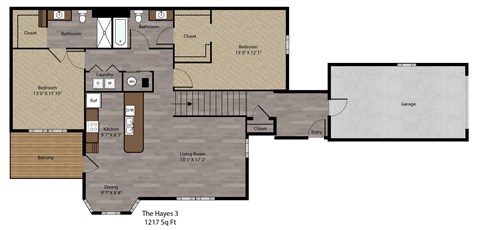 Floor plan for 2 beds, 2 baths, 1217 sqft